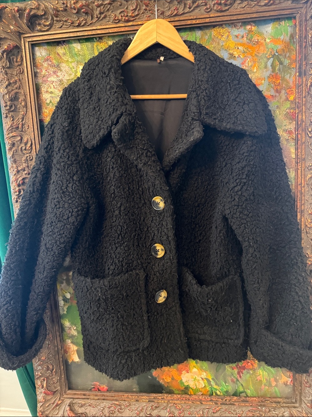 Free People Black Teddy Bouclé Jacket with Patch Pockets